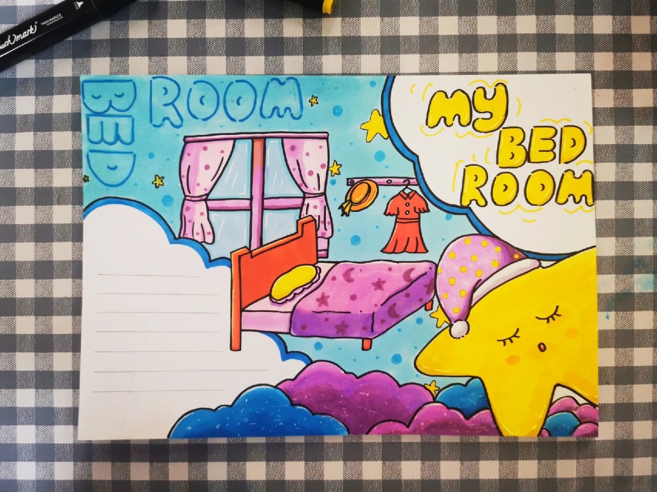 英语手抄报my bed room主题模板