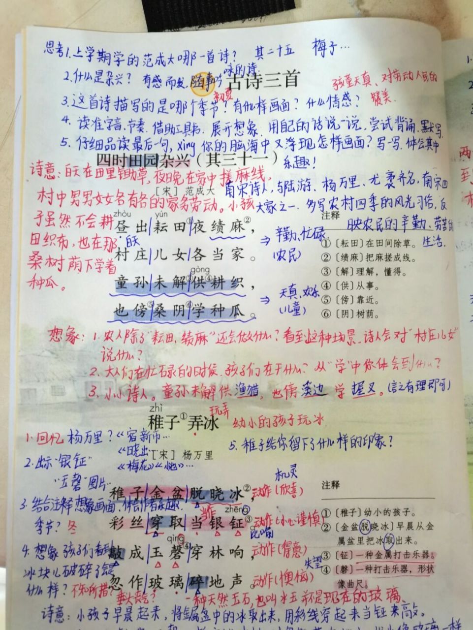 五下册 《古诗三首》详细备课笔记 #四时田园杂兴# #稚子弄冰# #村晚