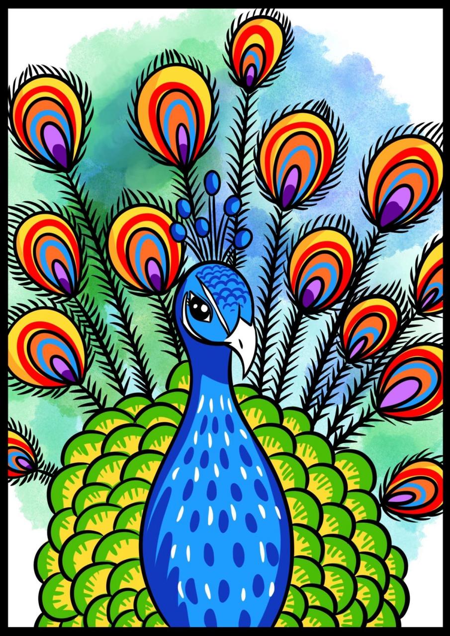 孔雀创意画7-9 在今天的绘画课程中,主要练习线条的流畅度以及学习