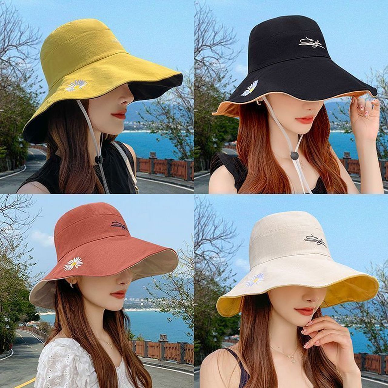 双面小雏菊渔夫帽女夏天日系遮脸    韩版潮百搭遮阳大沿太阳防晒帽子