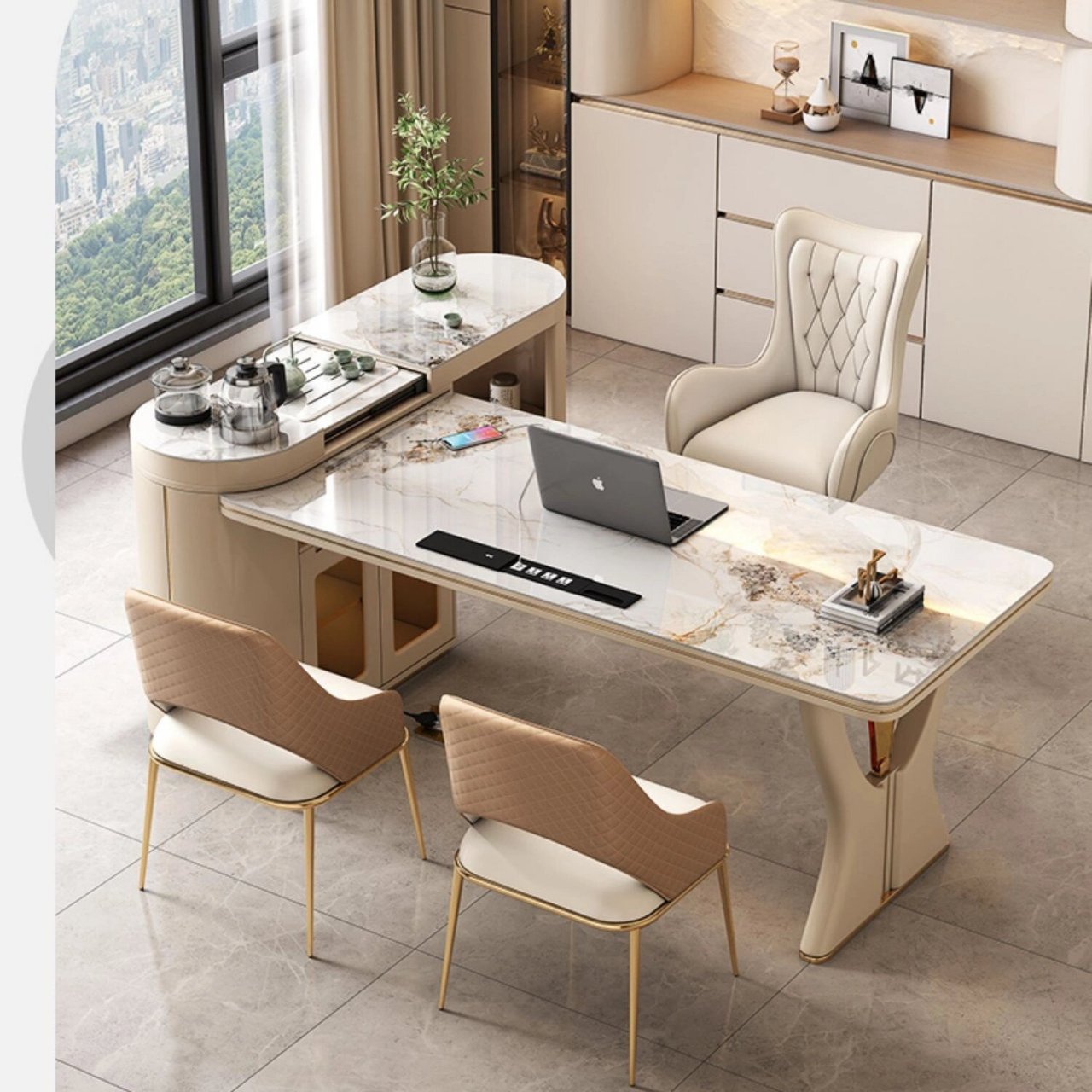 轻奢岩板茶桌书桌一体两用茶台现代新款多功 轻奢岩板茶桌书桌一体