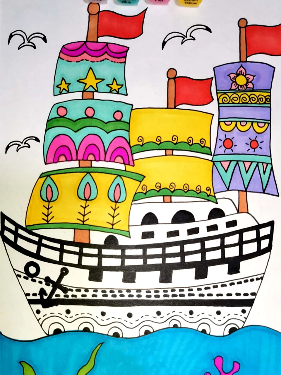 大海上的帆船 创意儿童画 简笔画 线描美术