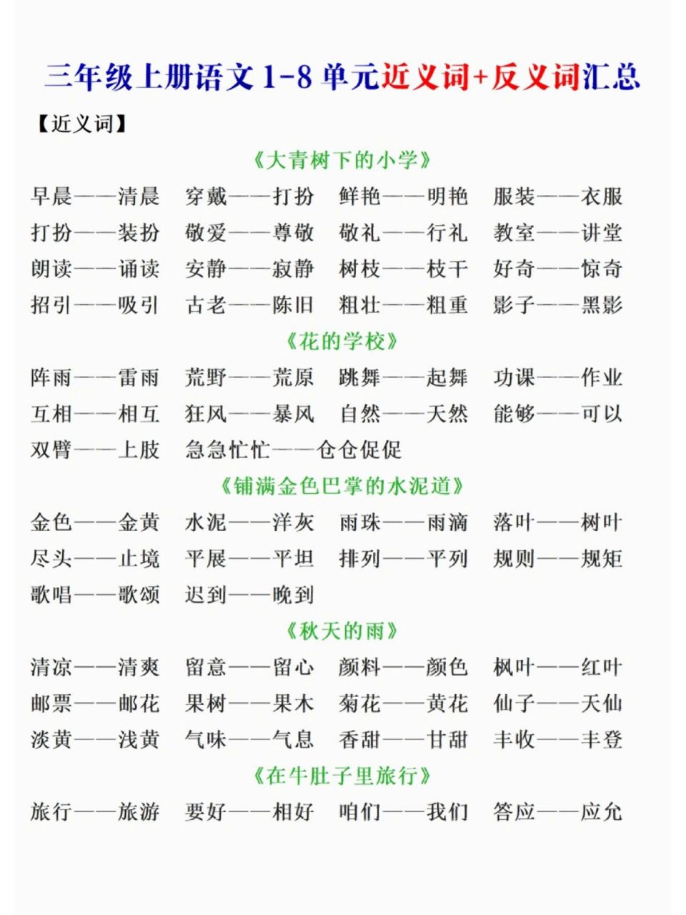 三年级语文上册常考近义词反义词