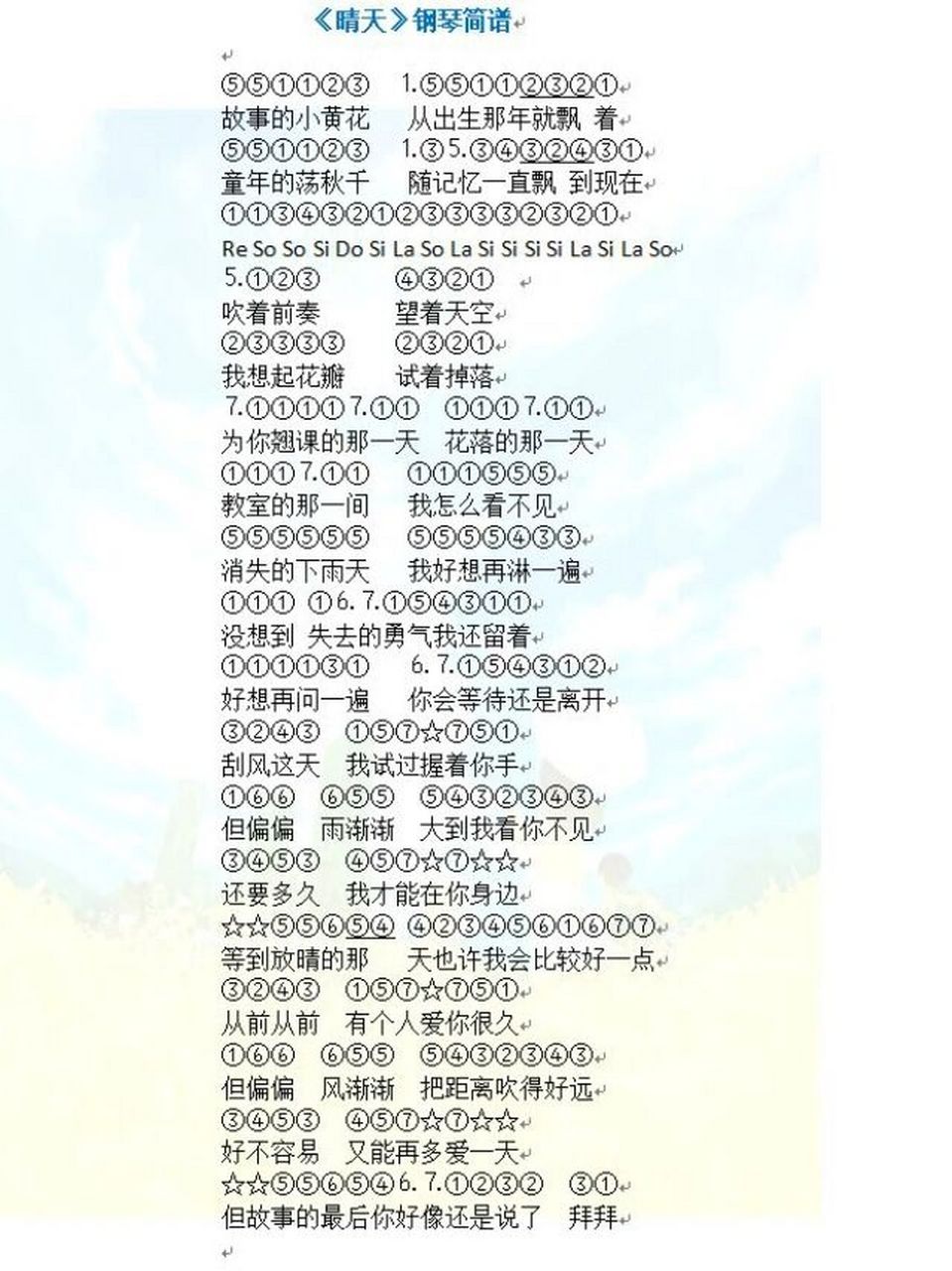 光遇《晴天》by周杰伦完整&容易上手简谱 巷口的花开了又谢,曾允诺过