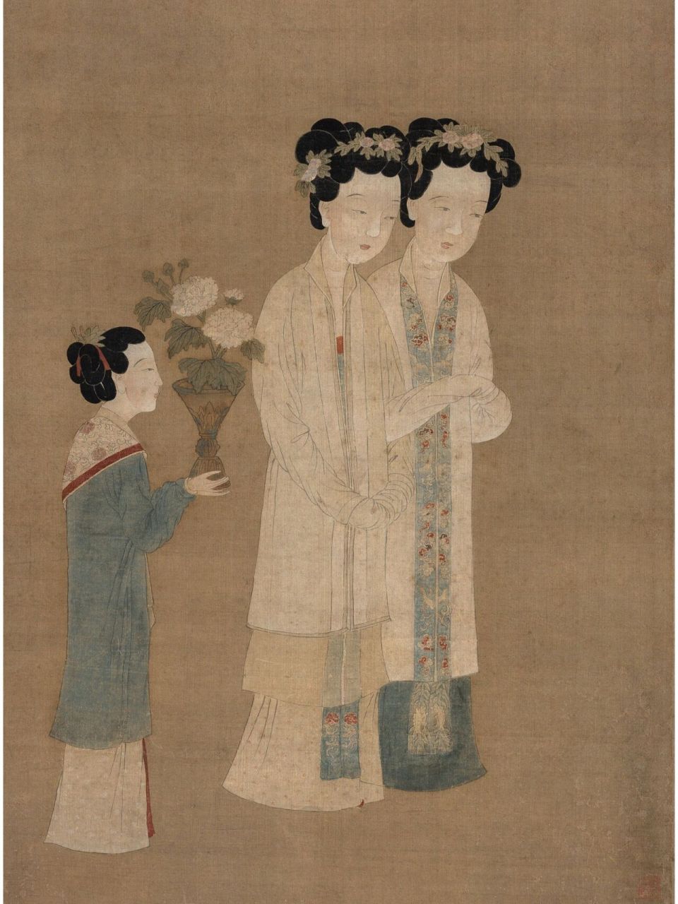 明人画宋仕女《唐寅款仕女折花图》更新细节 褙子,领巾等细节都很不错
