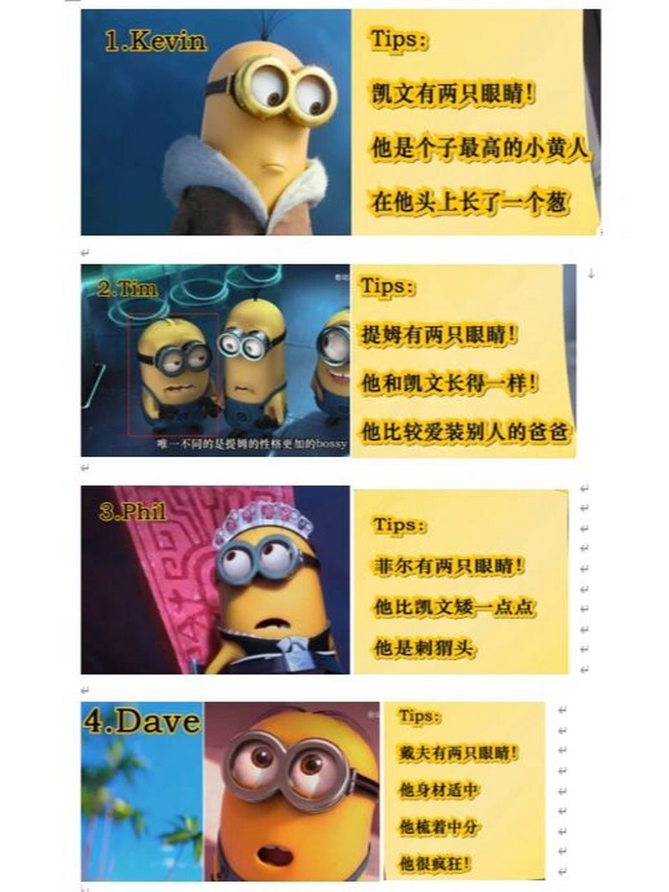 小黄人的名字 毕业设计要做小黄人的短片就整理了一下.