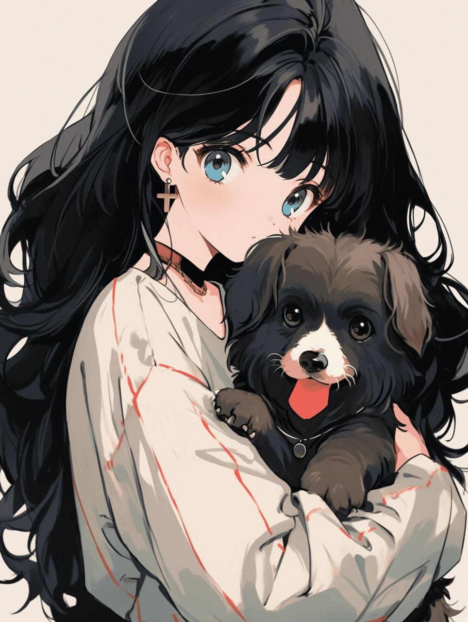 旧漫头像   ▏抱着狗狗的黑发女孩