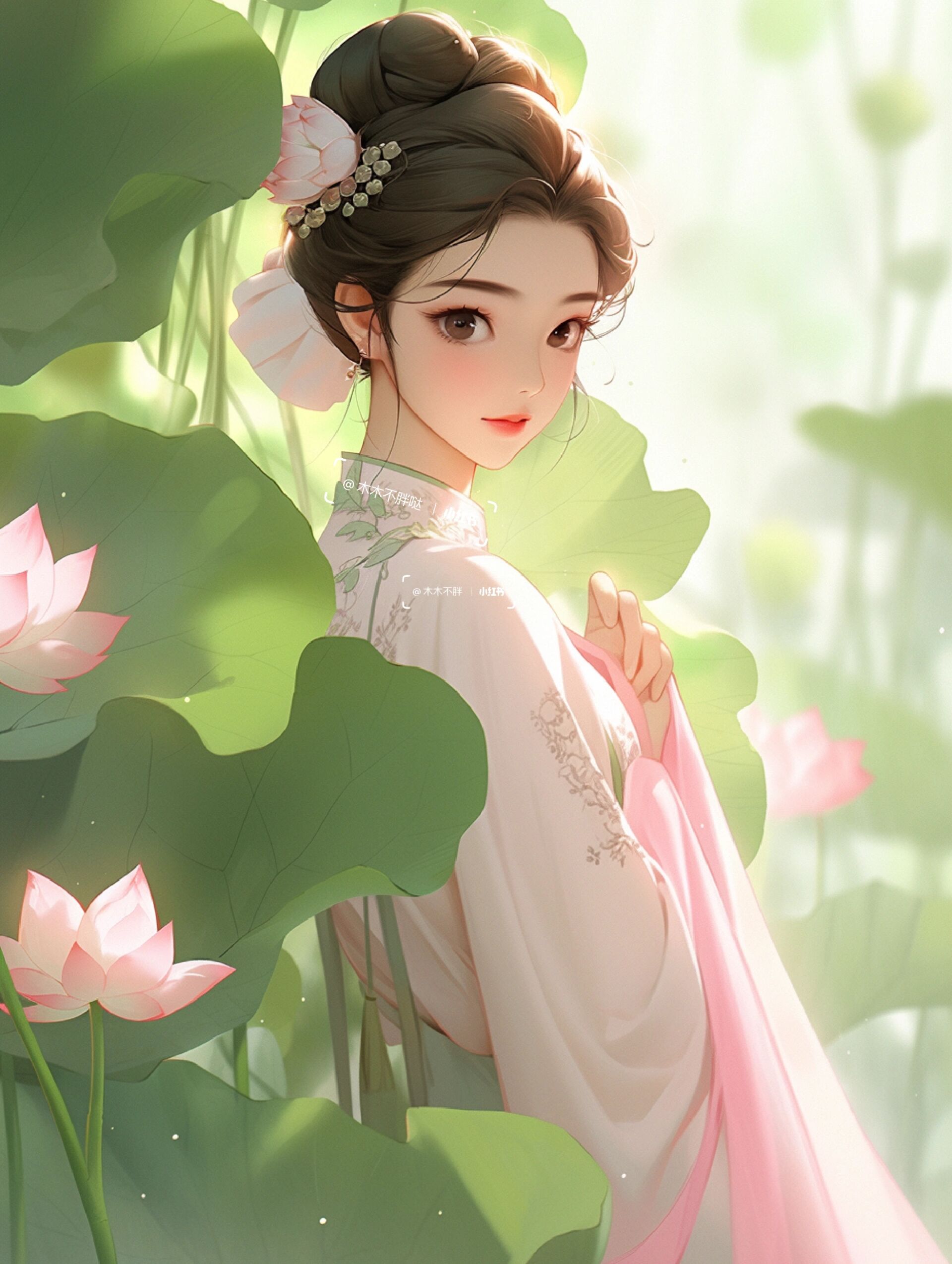 荷花篇五|粉色系汉服荷花古风少女绝美壁纸