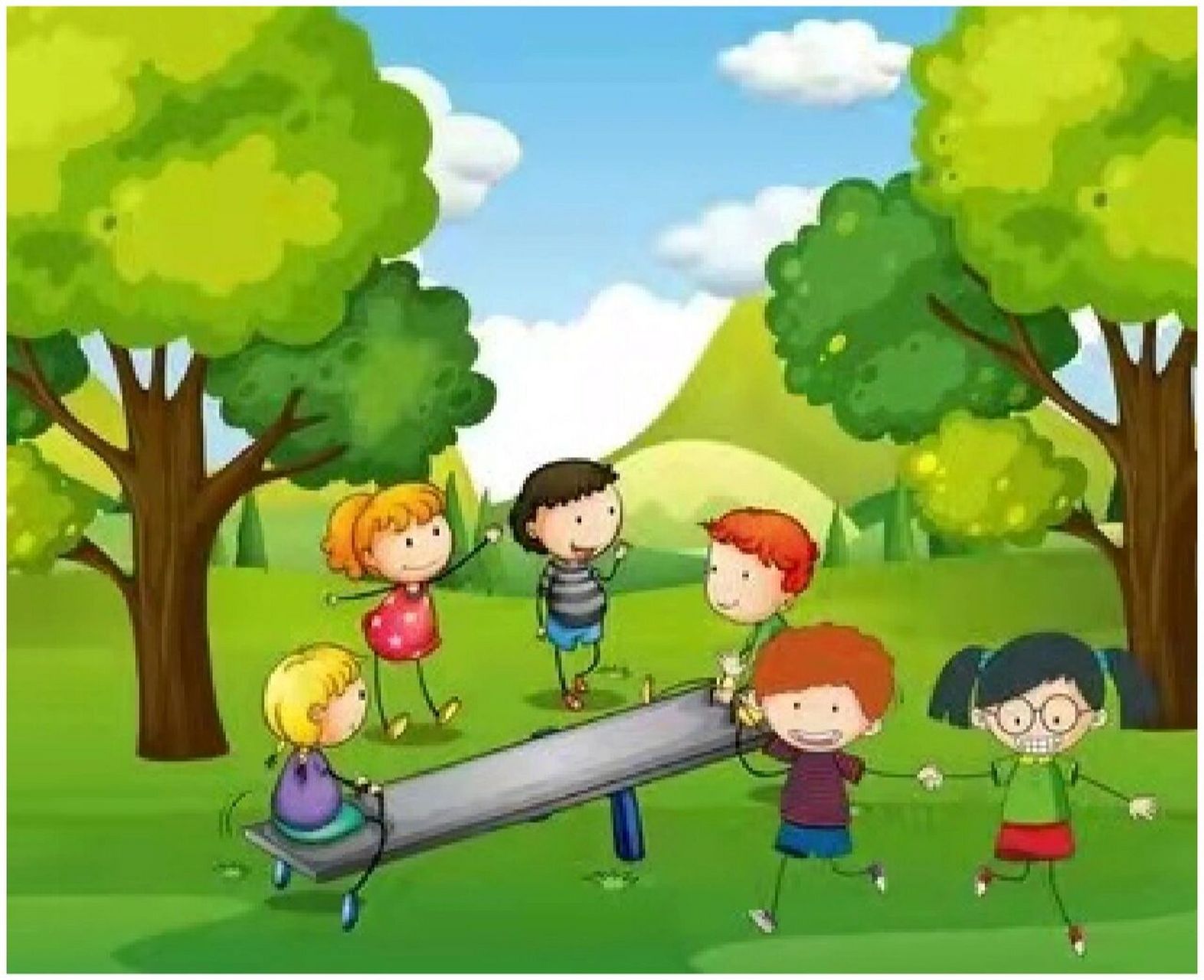 看图写话  玩跷跷板 星期天,晴空万里,阳光灿烂,天空蔚蓝蔚蓝的,白云