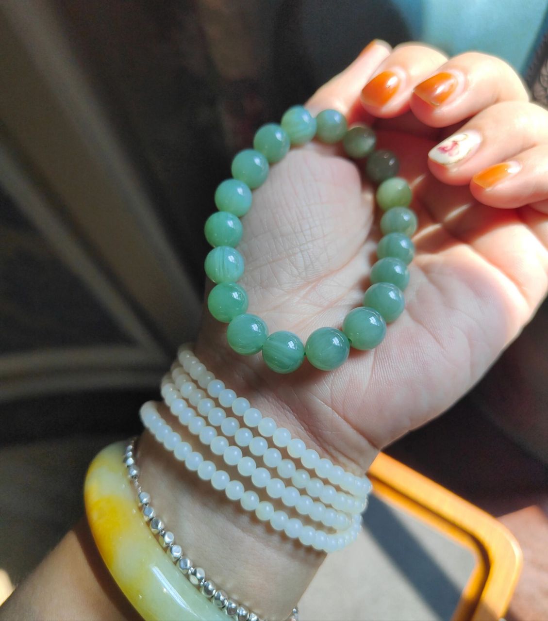 8咪圆型 和田玉俄料碧玉冰粉青粉绿猫眼料卡9.