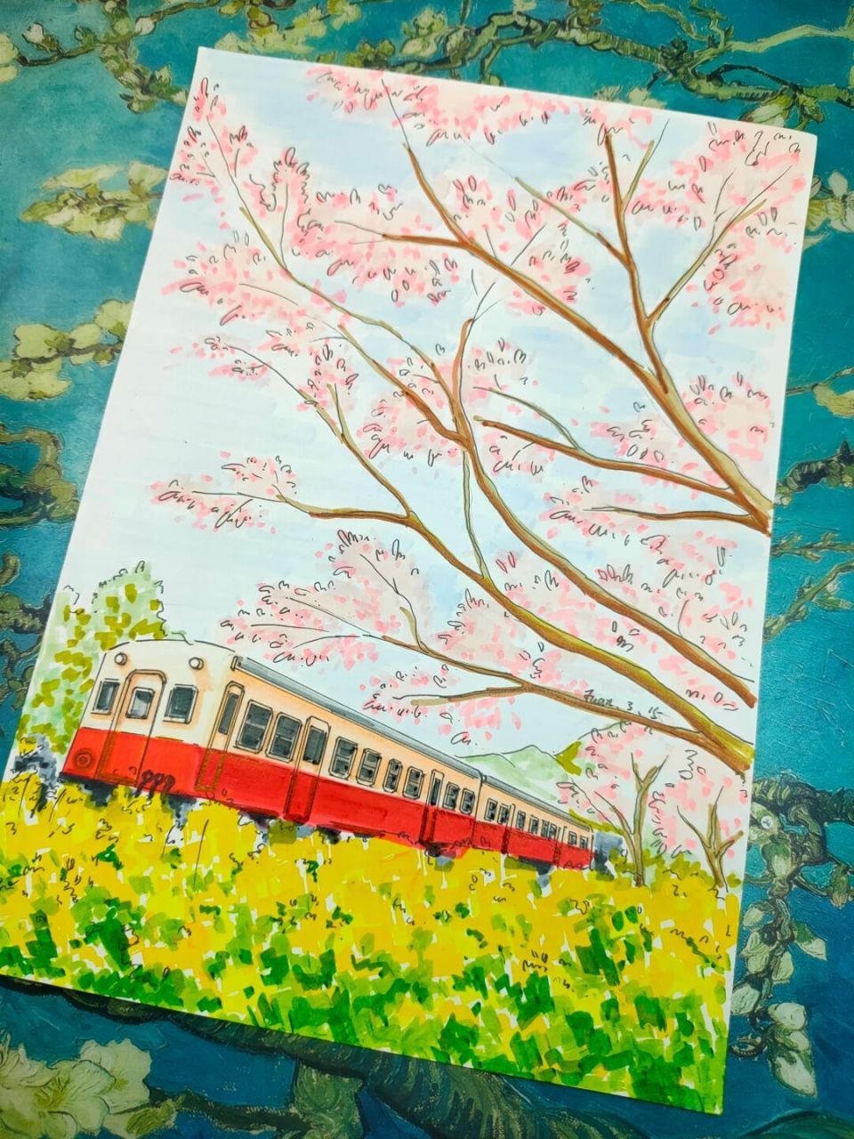 马克笔风景画《开往春天的火车》色稿 马克笔风景画《开往春天的火车