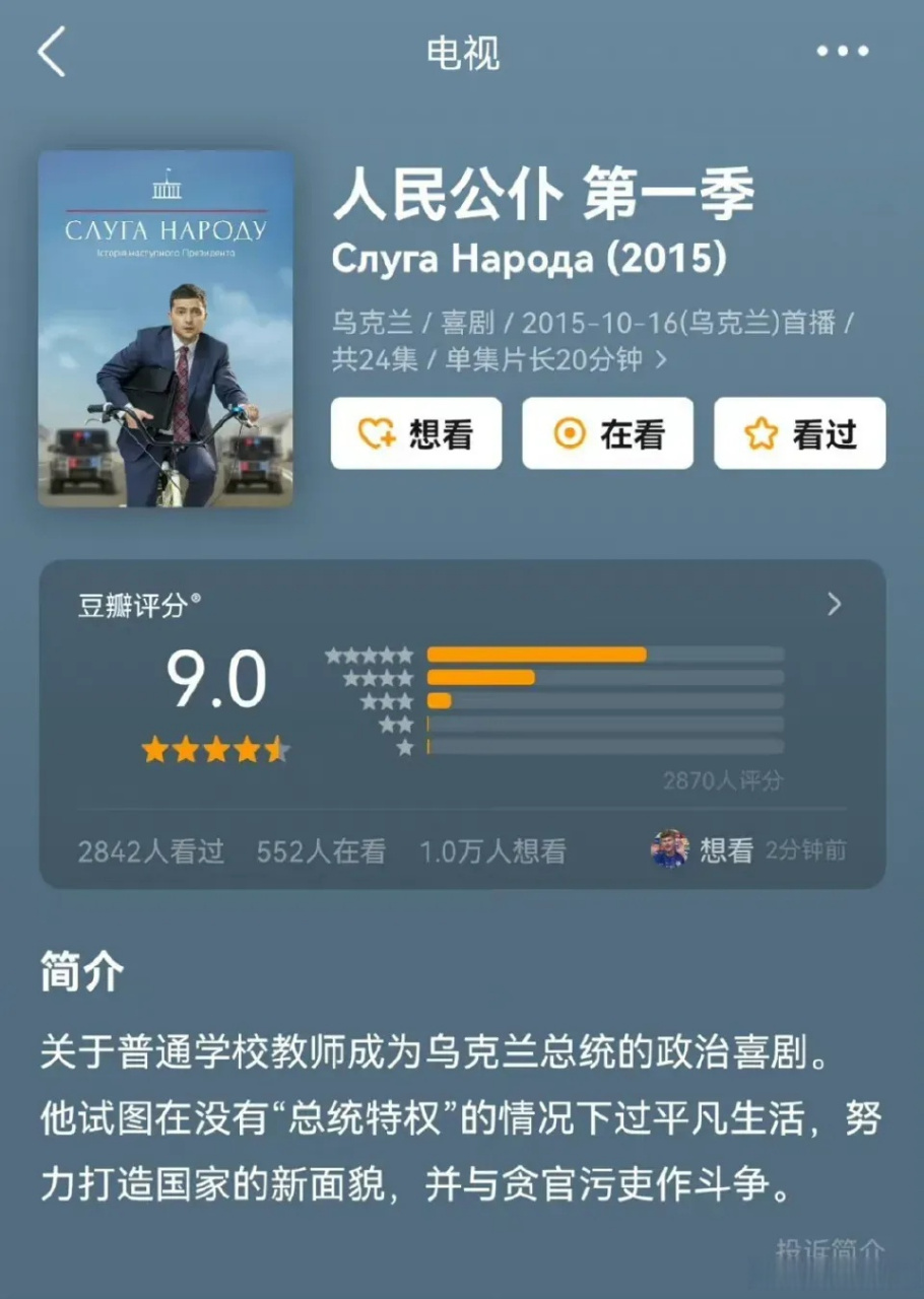 乌克兰喜剧《人民公仆》第一季杀上豆瓣实时榜第二位,有趣的是这部