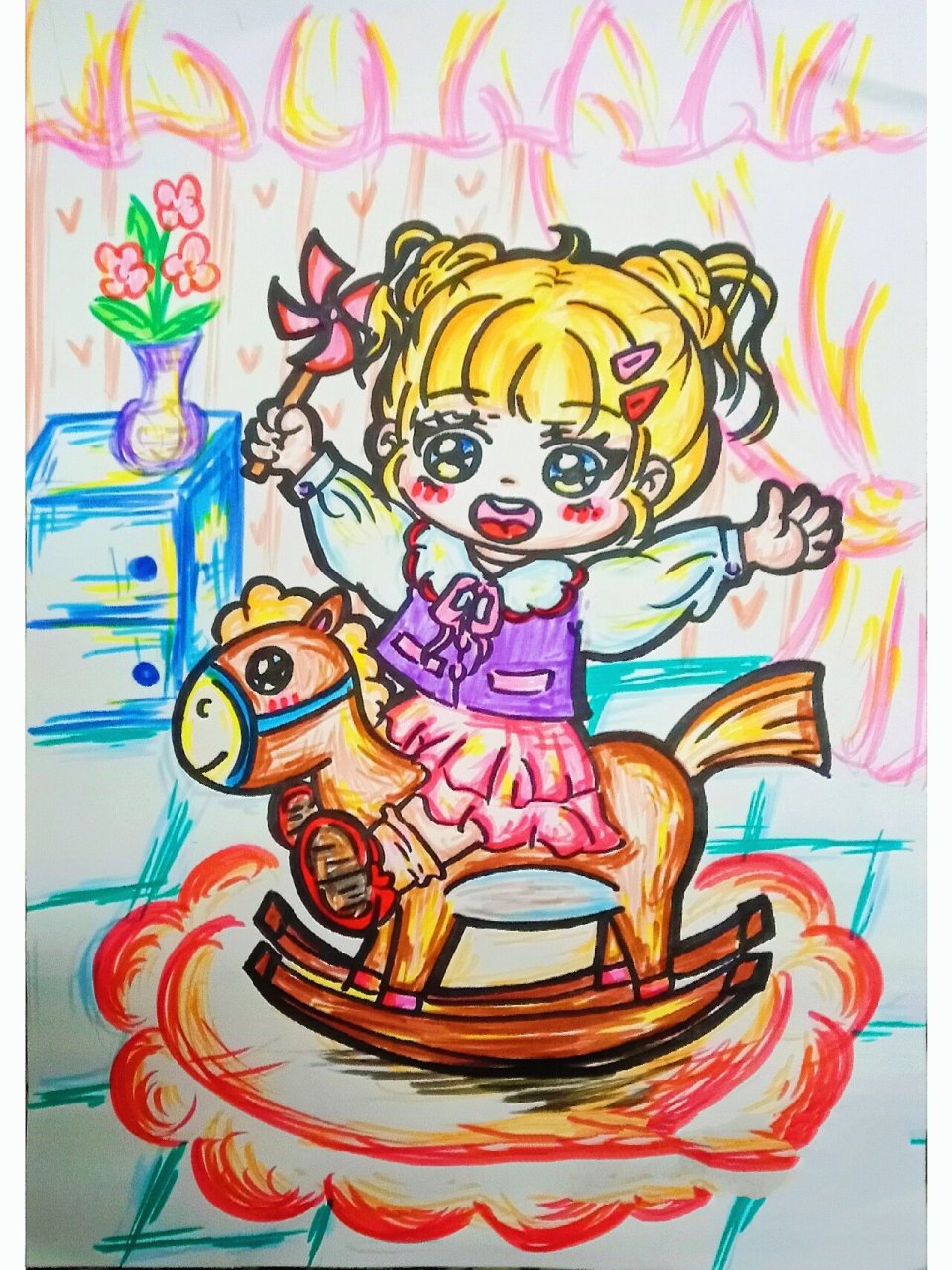 简笔画《骑木马的小女孩儿》