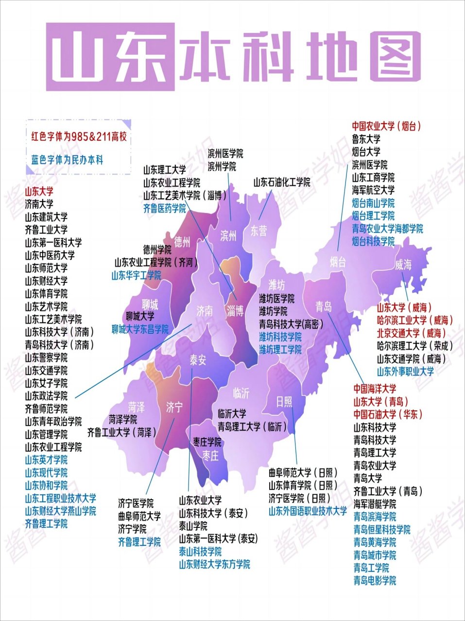 一图了解 从图中可以看出,山东省的本科大学分布广,省会济南,沿海的