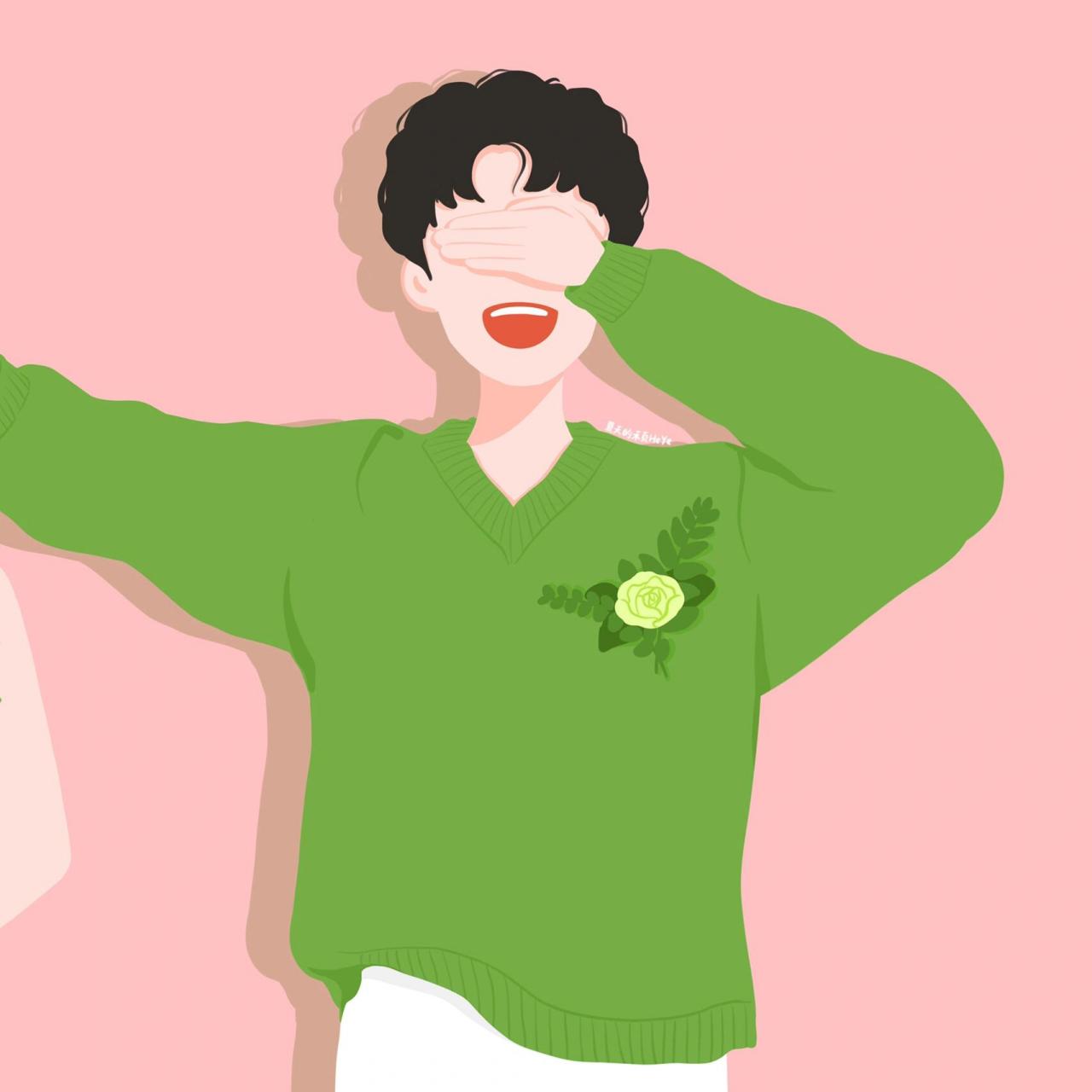 插画头像 | 捧花遮眼的可爱情侣头像 牛油果绿~ 背景多种配色供大家