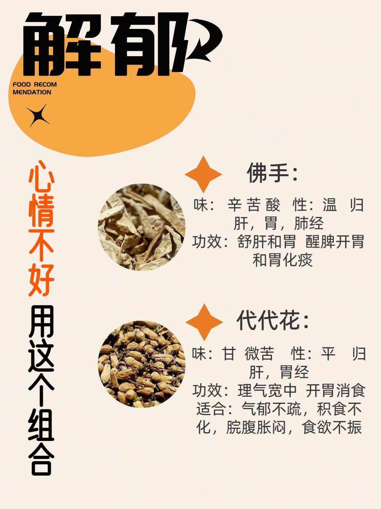 解郁组合:佛手 代代花 	 佛手: 味: 辛 苦 酸   性:温   归肝,胃