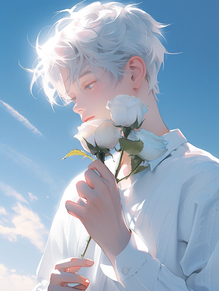 【白玫瑰男生头像】一手浪漫 一手烟火  手拿白玫瑰, 代表深情与爱意