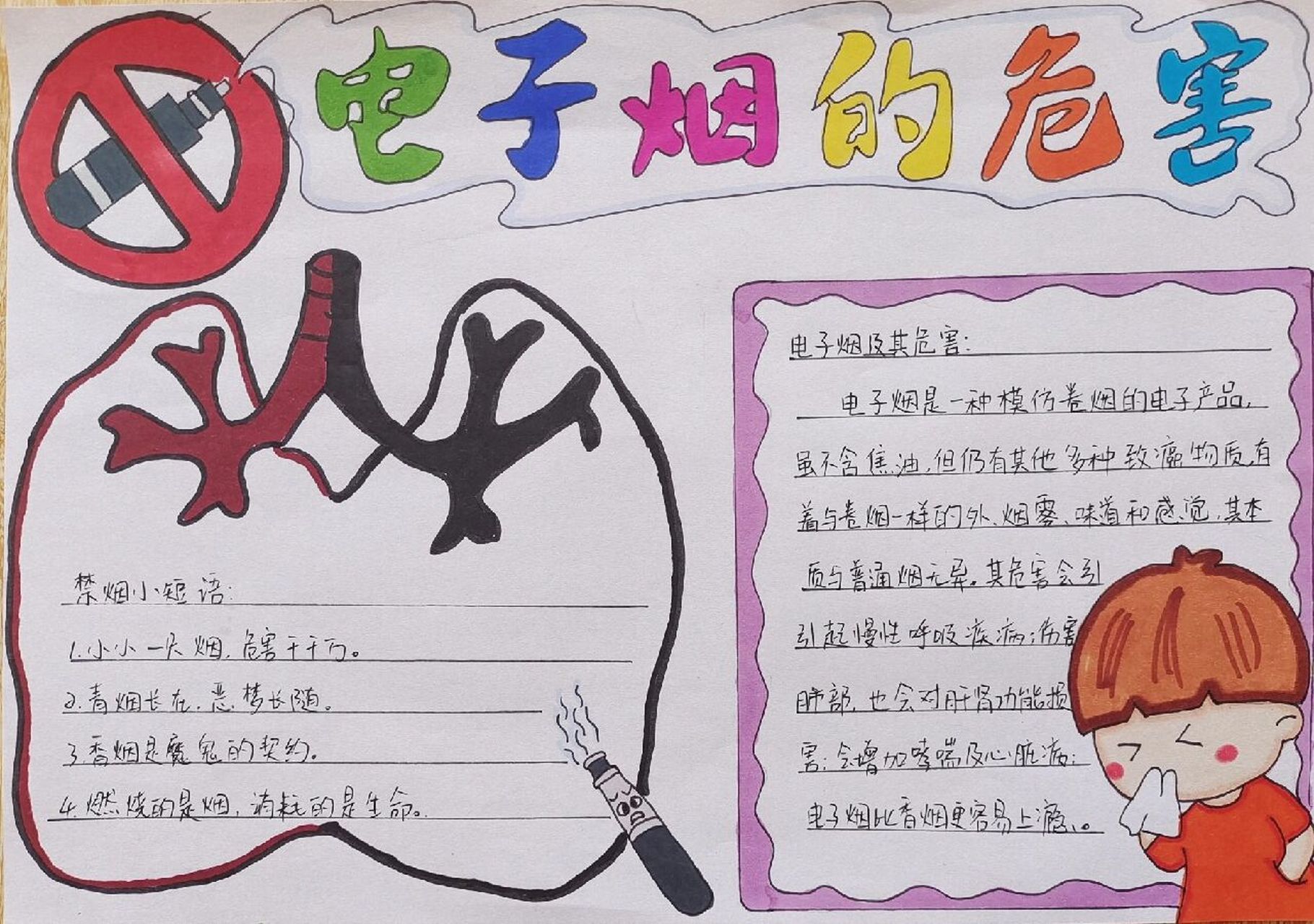 禁烟类主题手抄报 上一个超级简单的电子烟有害健康手抄报