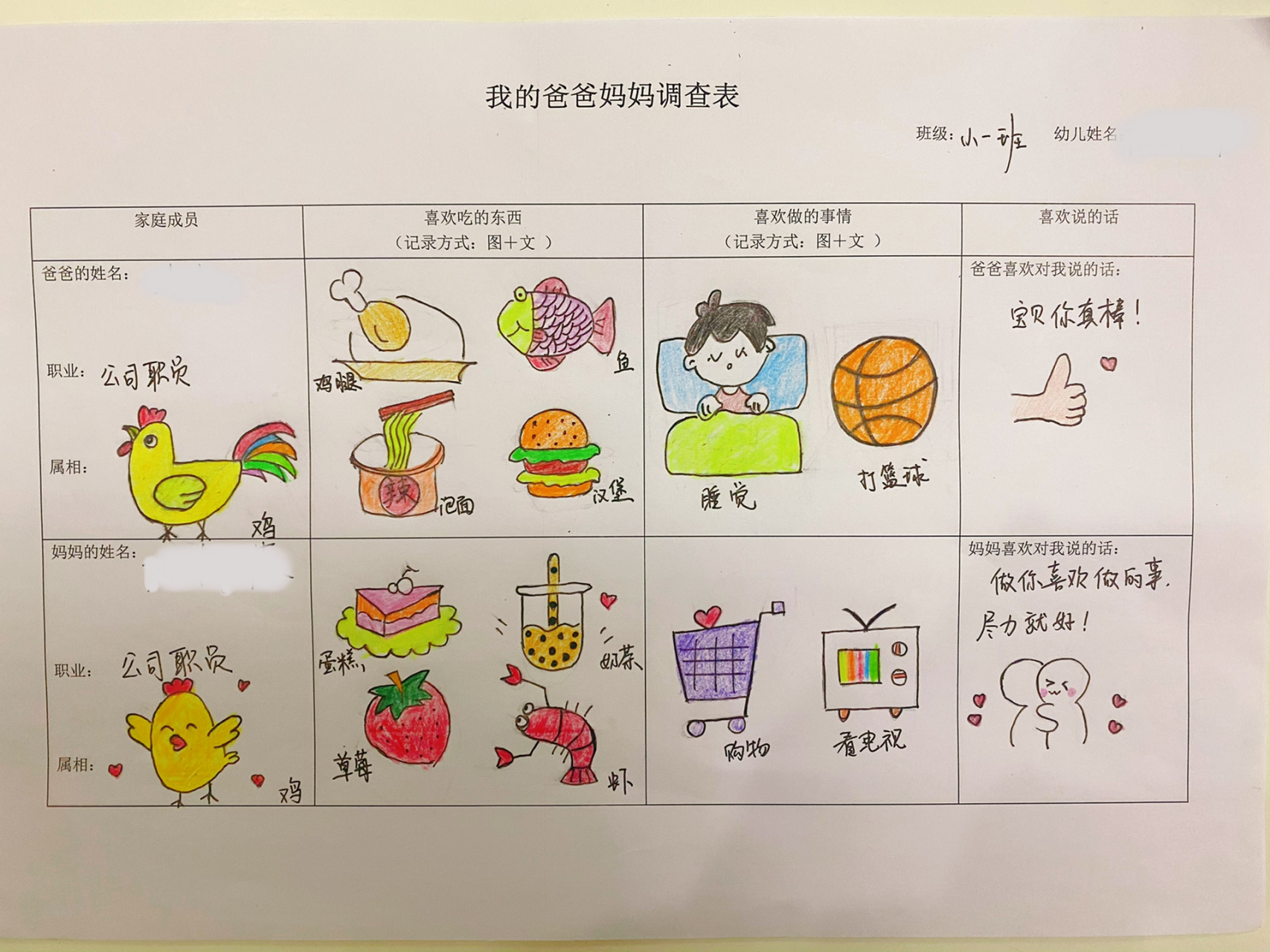 幼儿园家庭作业《我的爸爸妈妈调查表》 毫不夸张,耗时两个小时完成