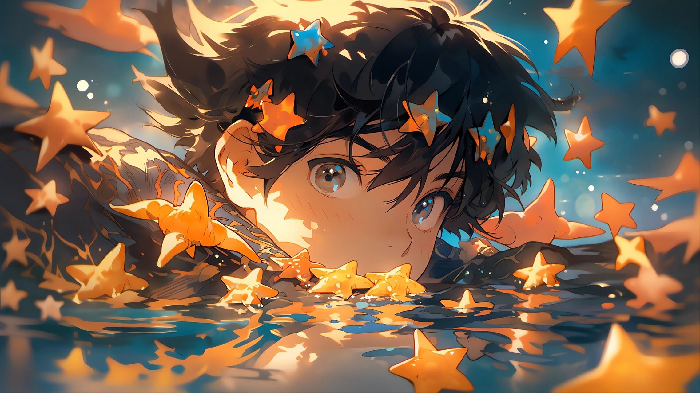 82男孩82 | 电脑壁纸 水中星星动漫少年,治愈系 midjourney|ai