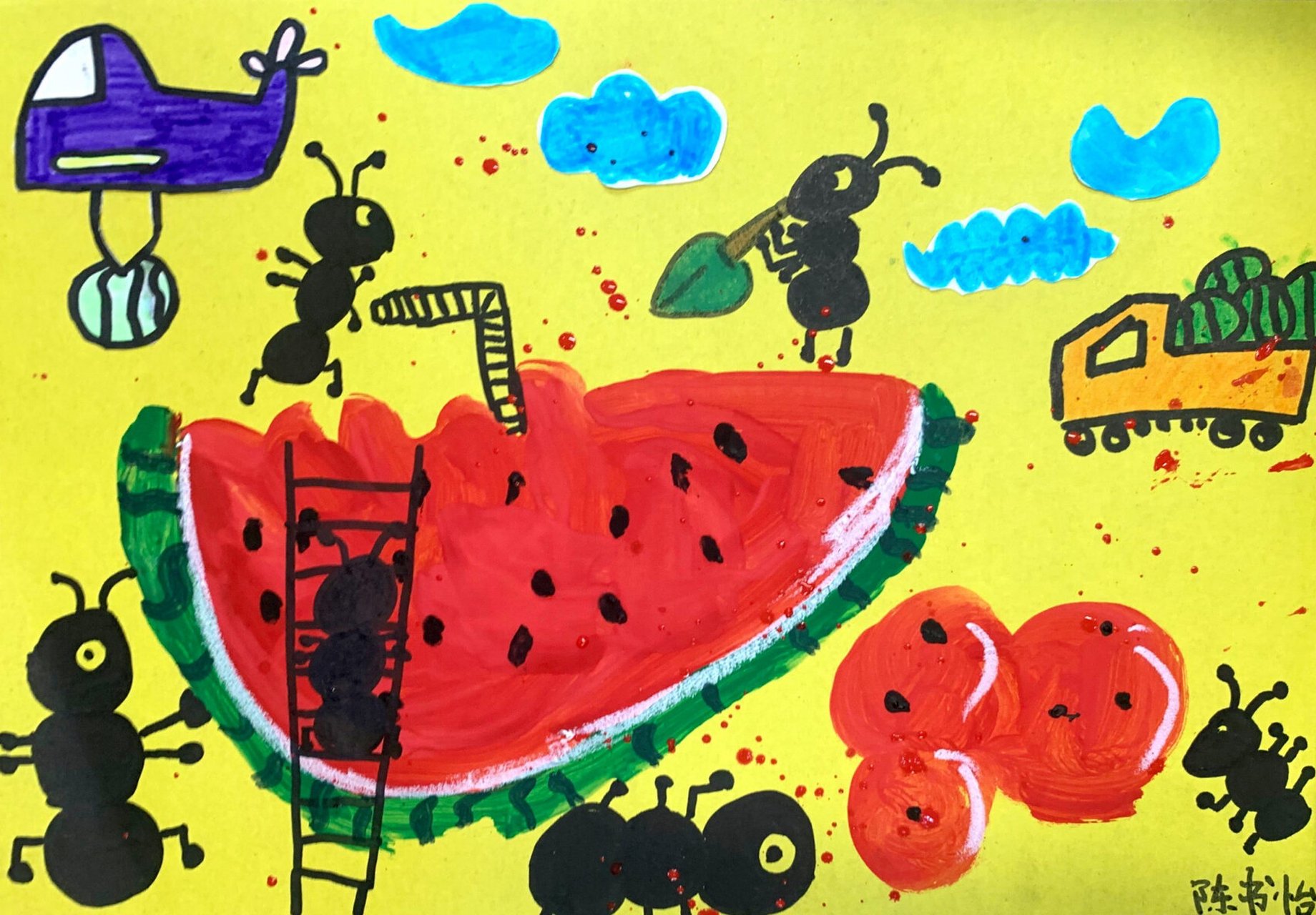蚂蚁92搬西瓜91中班美术绘画教案 适合:中班,还吃了西瓜,讲了绘本