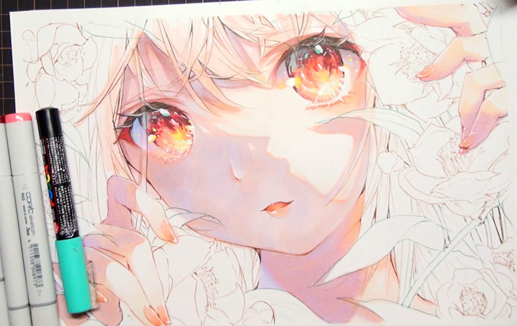 【马克笔手绘】金花茶&少女 这个系列,名叫会发光的大脸美少女 今天发