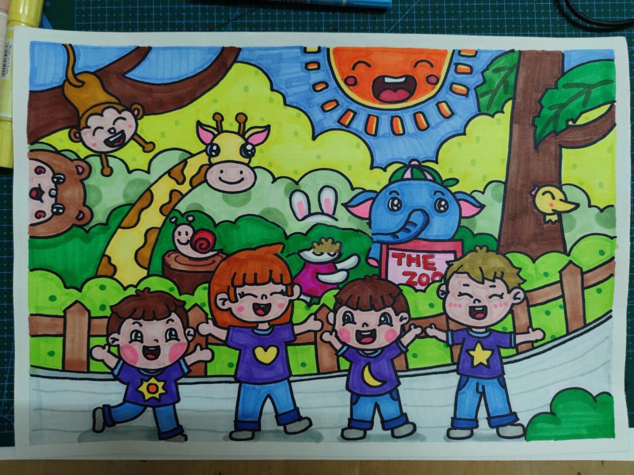 我们一家人去动物园.儿童画,动物园