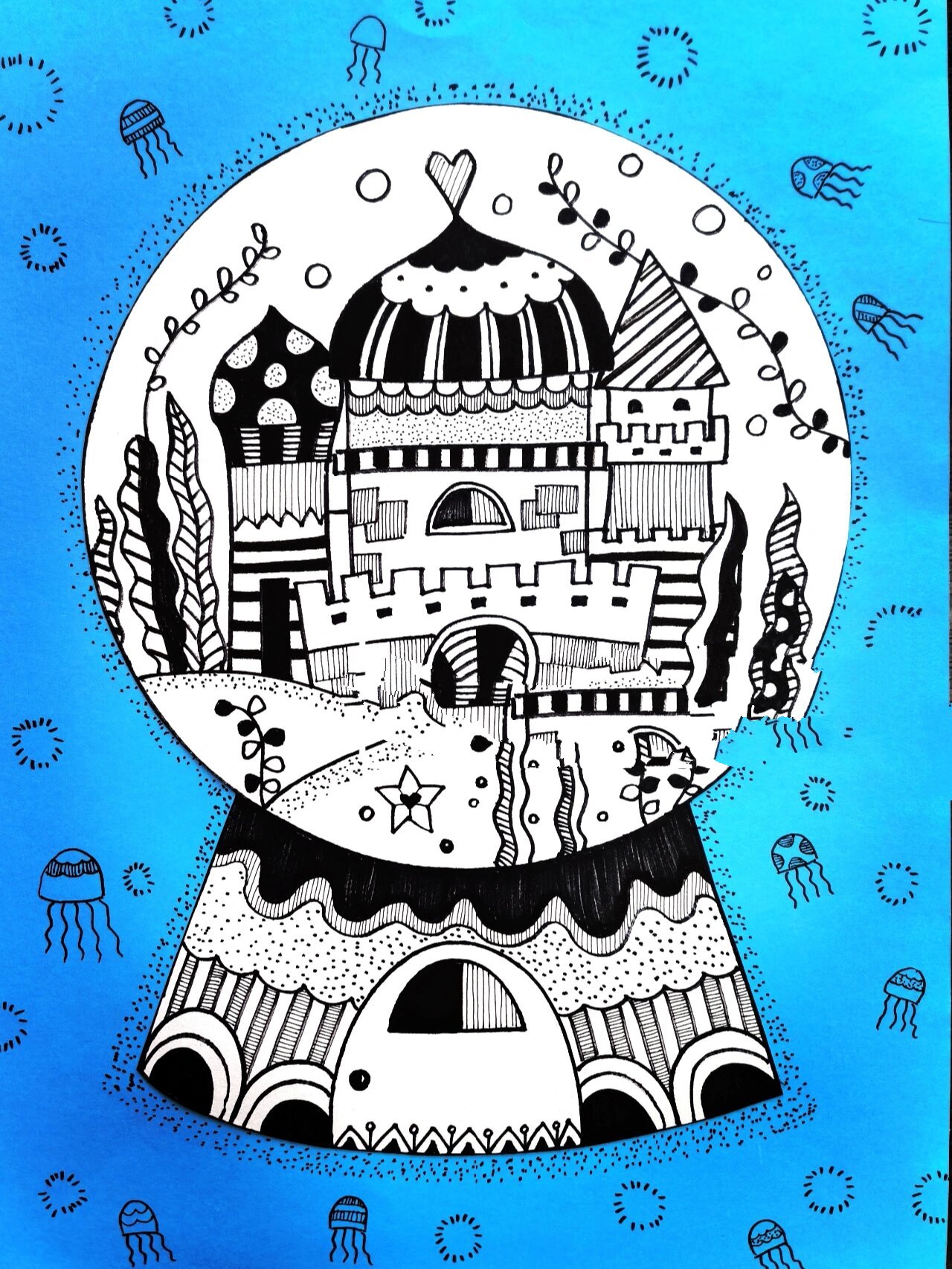 美人鱼和城堡线描画