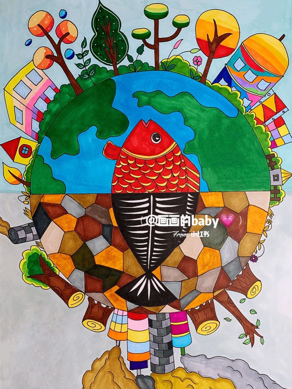 保护地球环境画,临摹图/带线稿 年前画的线稿翻出来让儿子上色,我一直