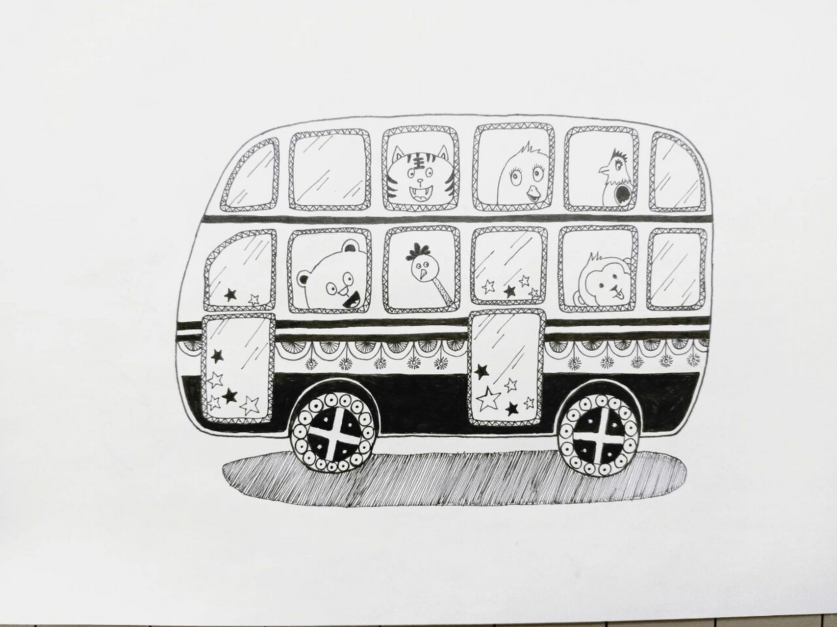 《公交车》线描画绘画过程