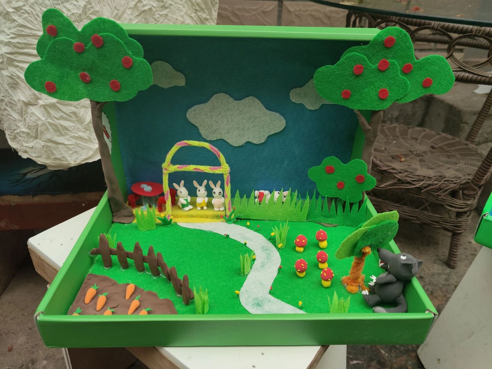 故事盒子   翻到相册里之前做的故事盒子,图一二是《小兔子乖乖》图三