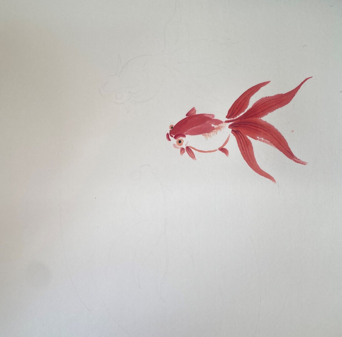 线上美术儿童水墨画|萌趣·小金鱼图文教程 适合6岁 小朋友 曙红加朱