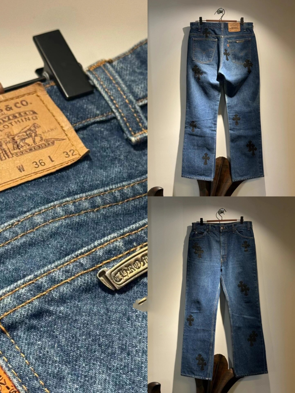 chromehearts克罗心拼皮牛仔裤店内现货7515 白色豹纹十字 38码