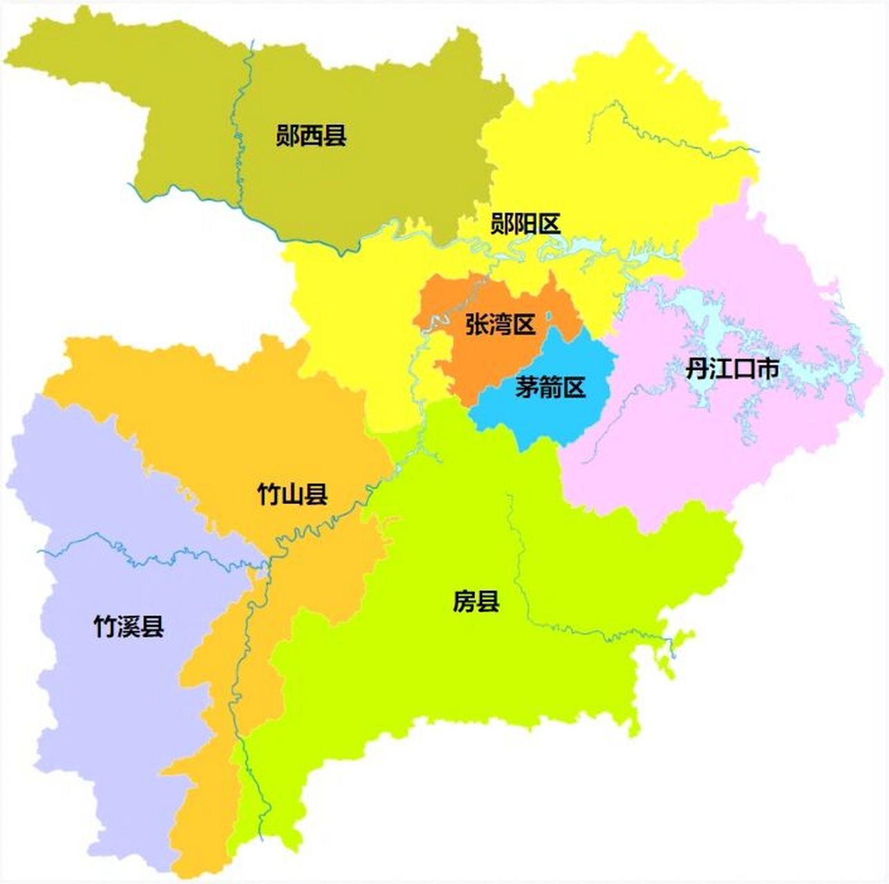 十堰全市划分为 3个区:茅箭区,张湾区,郧阳区; 4个县:郧西县,竹山