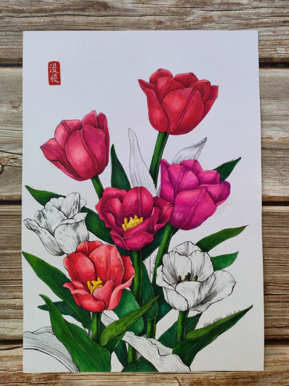 郁金香绘画马克笔线描插画装饰画原创 连续三幅郁金香,画到腻.