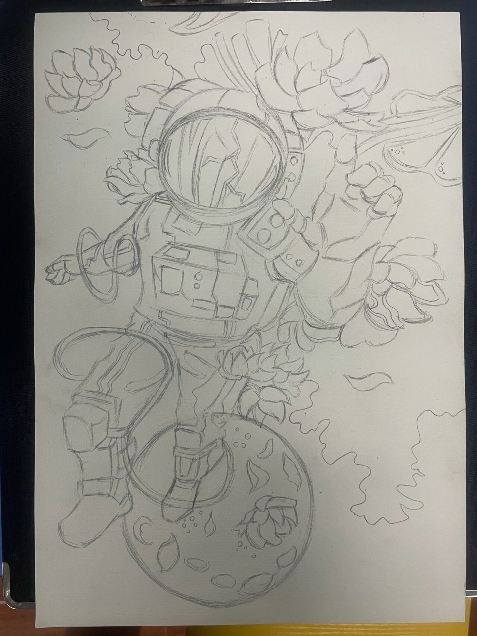 黑白装饰画临摹 宇航员系列手绘 创意手绘 我当然不会试图摘月 我要