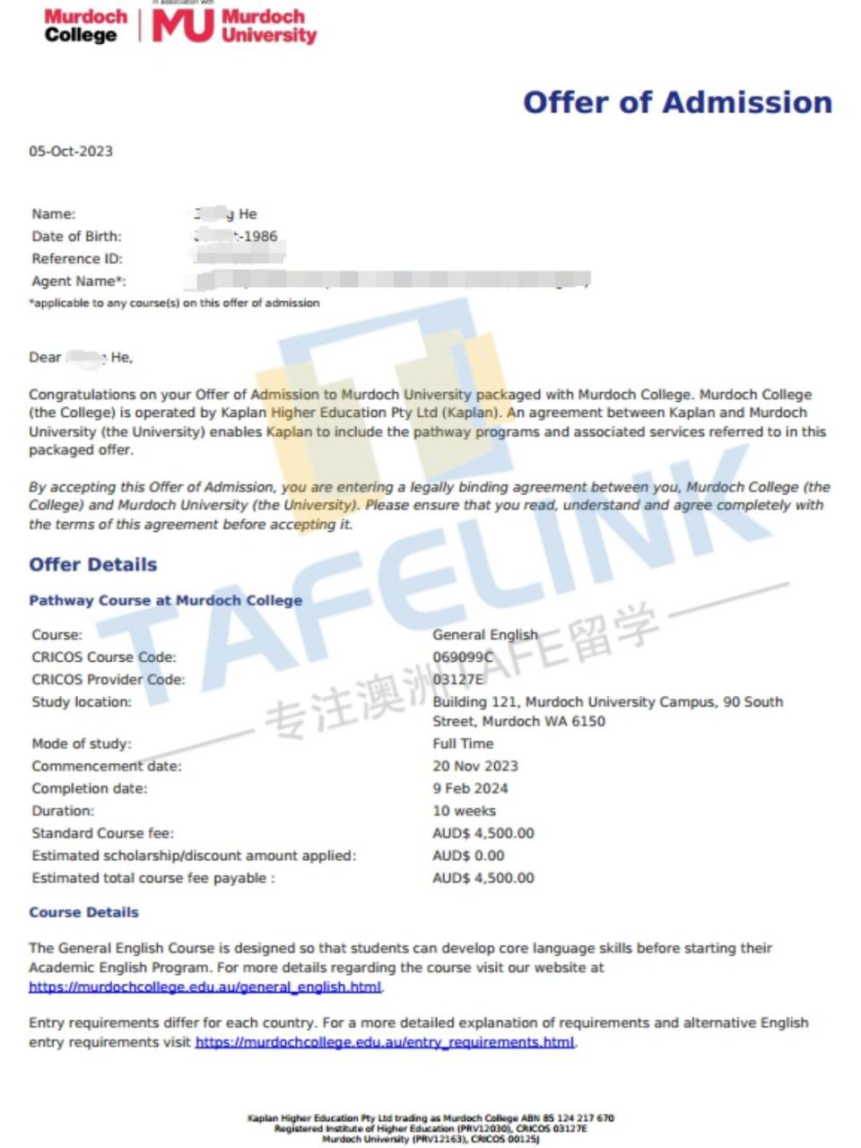 恭喜h小姐拿到了莫道克大学的offer!