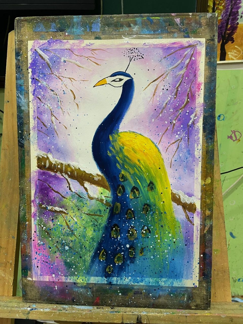 水粉画—-孔雀08 每周六都画两幅同样的画,还是有区别