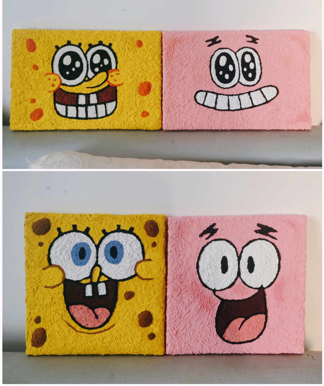 海绵宝宝派大星纸浆画 派大星脸上颜色不均的地方是还没有完全干有