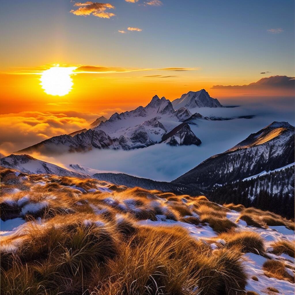 一幅日出时分的壮丽景色——日照金山 太阳的光芒照亮了冰冷的雪山,使