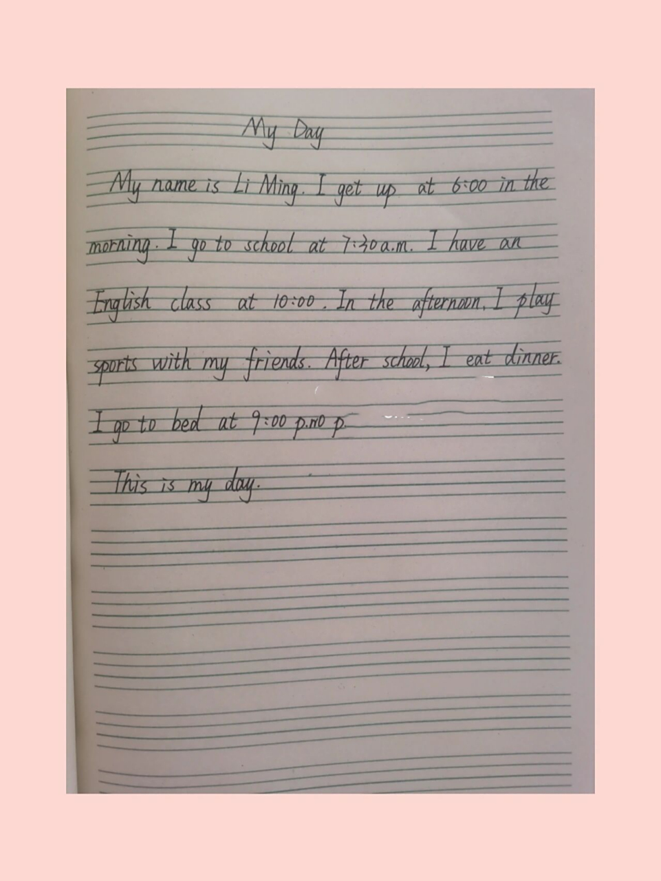 小学英语五句话作文 【五句话作文】 标题:我的一天 时态:一般现在时