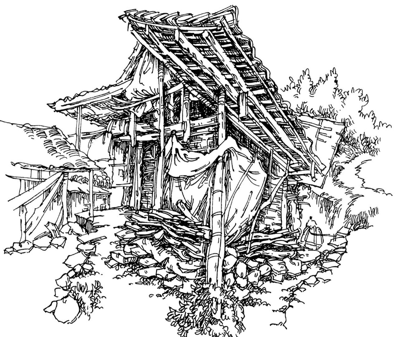 江南古建筑,体块构成 #钢笔速写# #风景速写# #手绘# #钢笔画##速写