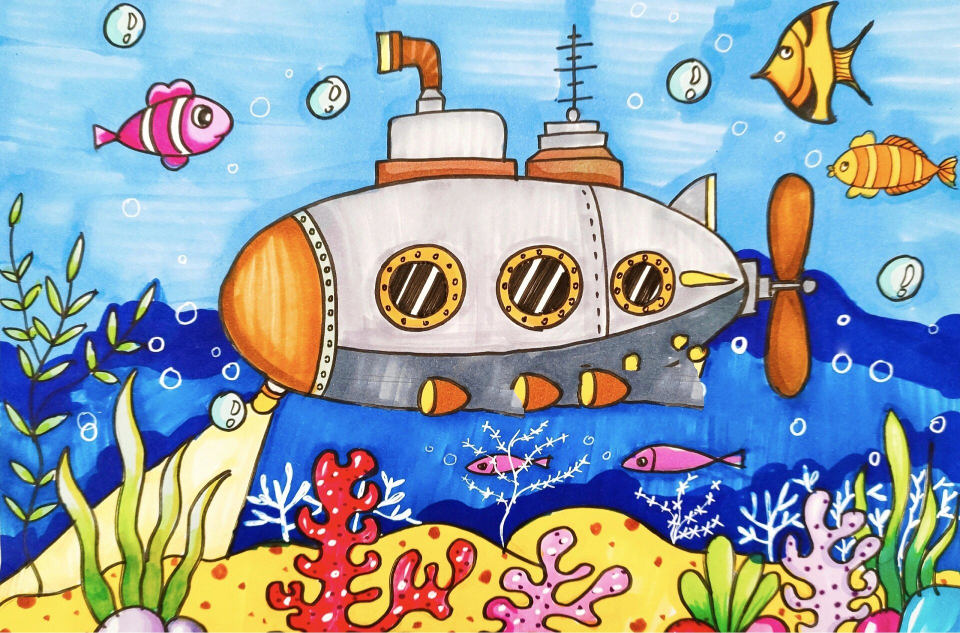 潜水艇儿童画,探索海底世界儿童画 海底世界儿童画.潜水艇创意画