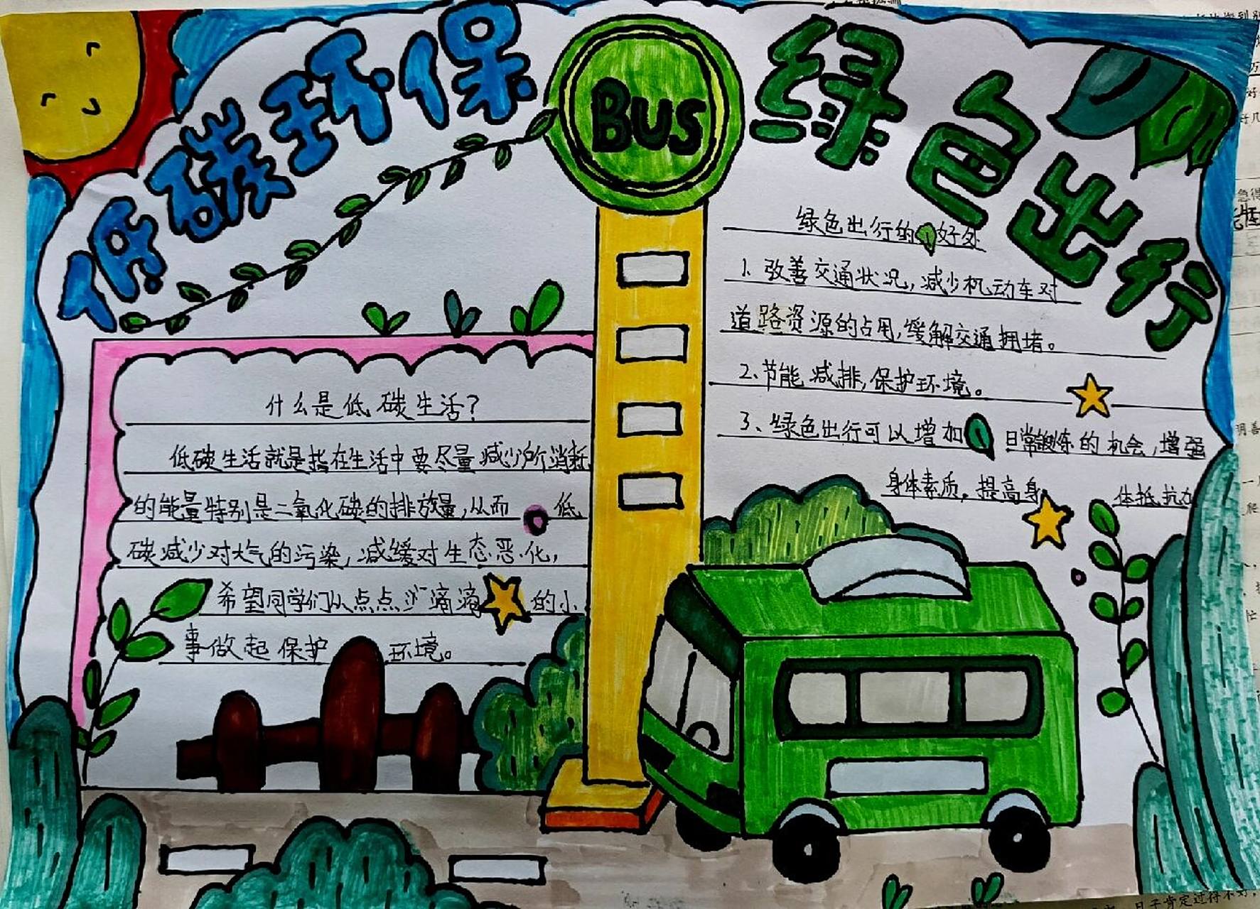 低碳环保,绿色出行  手抄报