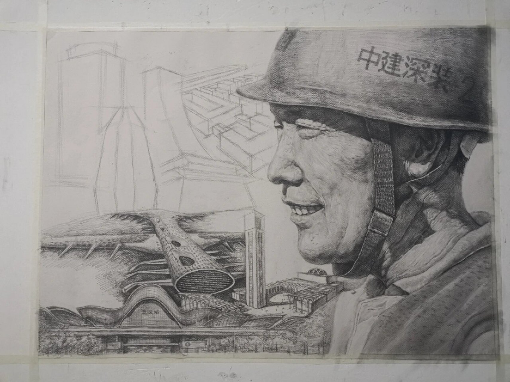 公司35周年比赛作品 20年绘制的素描工人头像 重点刻画脸部皱纹体现