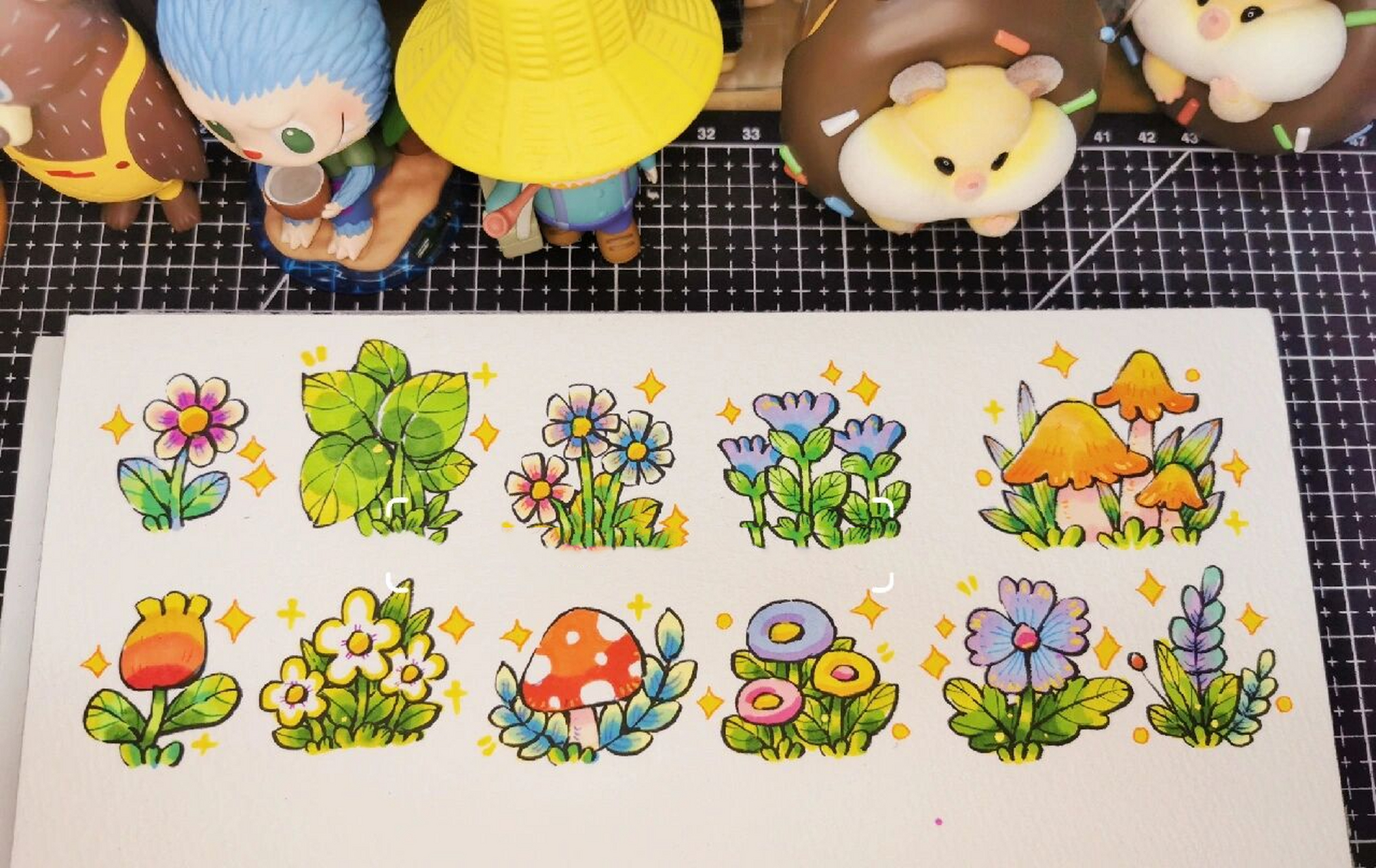 儿童画常用万能植物素材|含线稿 常用植物边角装饰素材