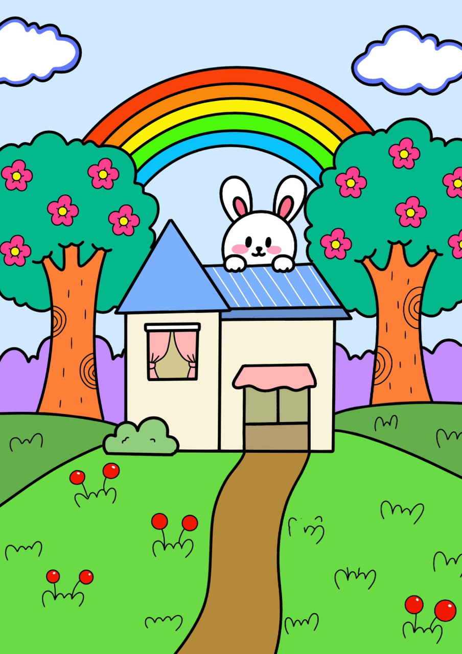 小兔子的家儿童画 房子儿童画 带线稿 步骤