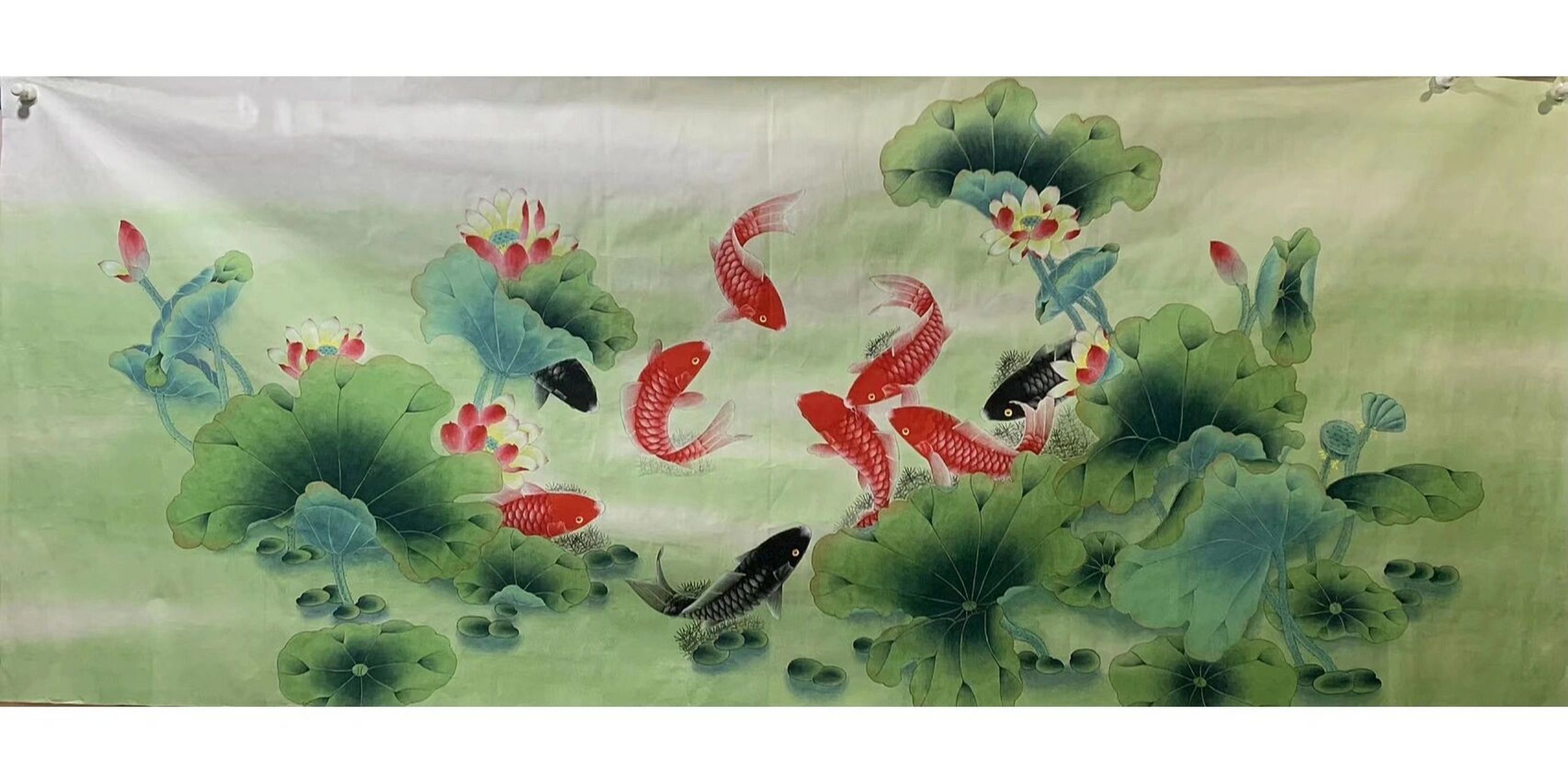 国画工笔画锦鲤 年年有鱼小八尺画作