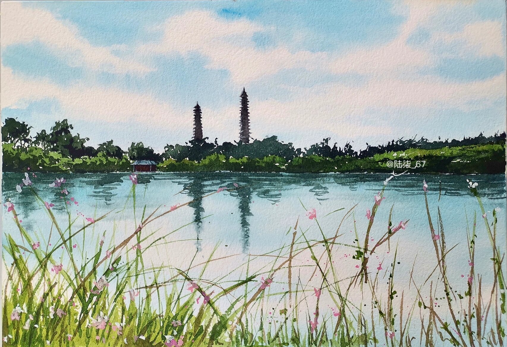 水彩手绘 太原地标双塔 照片来自wb(见图片水印)