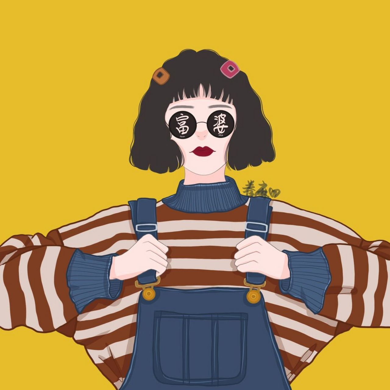 插画头像 | 富婆头像用起来90每天都有钱钱 波浪短发77条纹毛衣